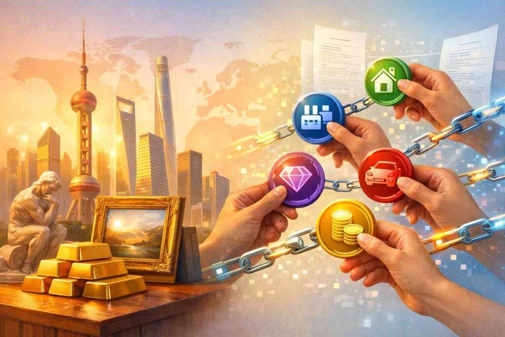 展示碎片化資產（Fractional Assets）概念的創意插圖，多雙手透過區塊鏈技術共同持有房產、黃金與藝術品等真實世界資產（RWA）。